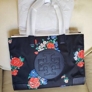 Tory Burch Ella Tote Black Tea Rose Blue Red White